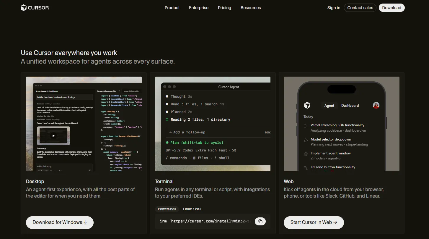 Страница загрузки Cursor с автоопределением операционной системы