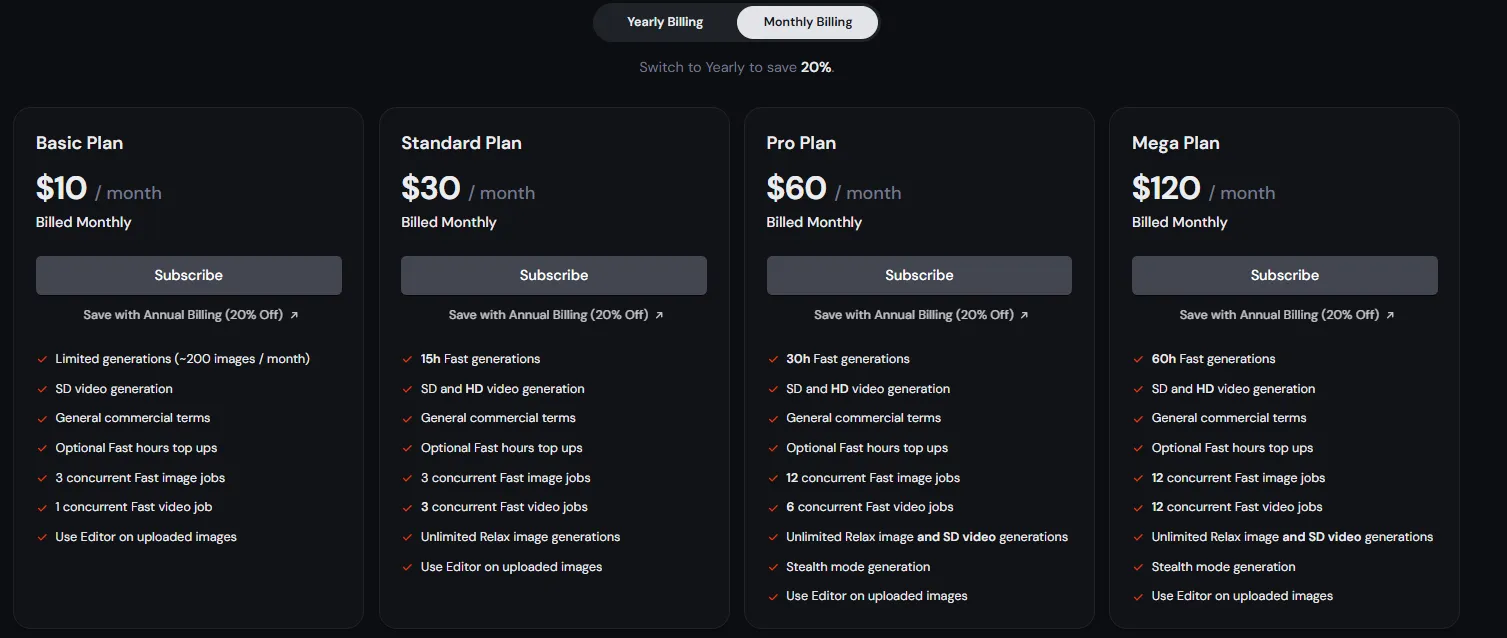 Цены на тарифы на официальном сайте Midjourney