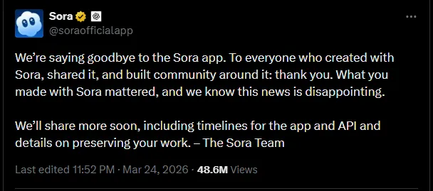 Мы прощаемся с приложением Sora. Спасибо всем, кто создавал контент с помощью Sora, делился им и создавал вокруг него сообщество. Ваш вклад в Sora был важен, и мы понимаем, что эта новость вас разочаровала. Вскоре мы поделимся дополнительной информацией, включая сроки разработки приложения и API, а также подробности о сохранении ваших работ. – Команда Sora