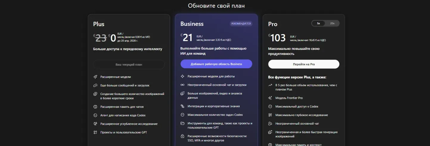 Актуальные цены на чатГПТ в 2026