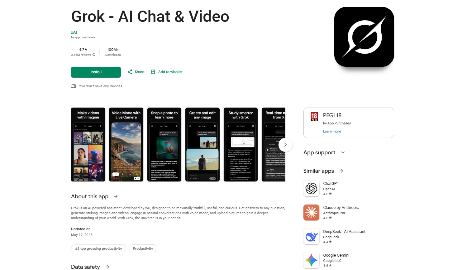 Официальное приложение Grok на android в PlayMarket