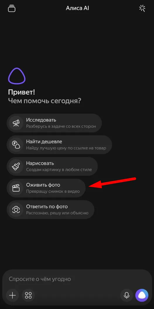 Как оживить фото в Алисе AI — кнопка в приложении