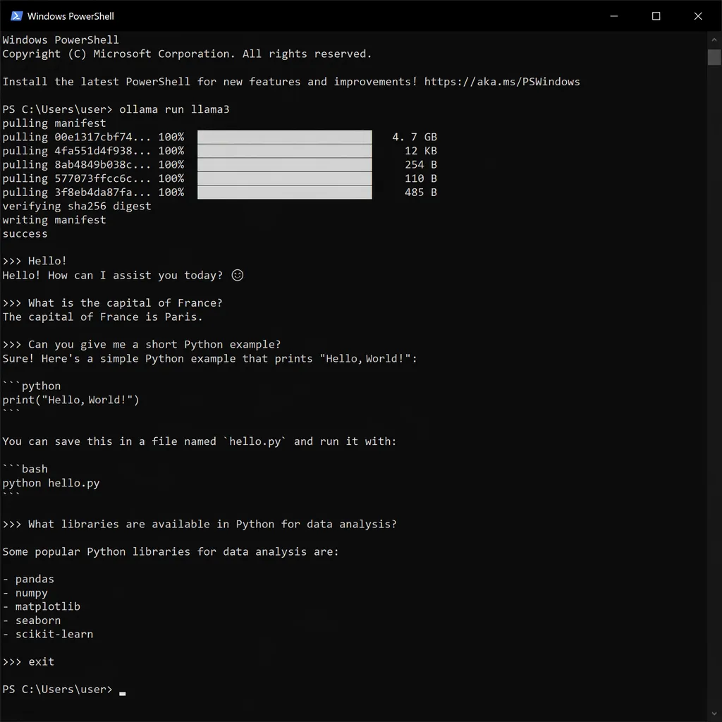Окно PowerShell с успешной установкой Llama 3
